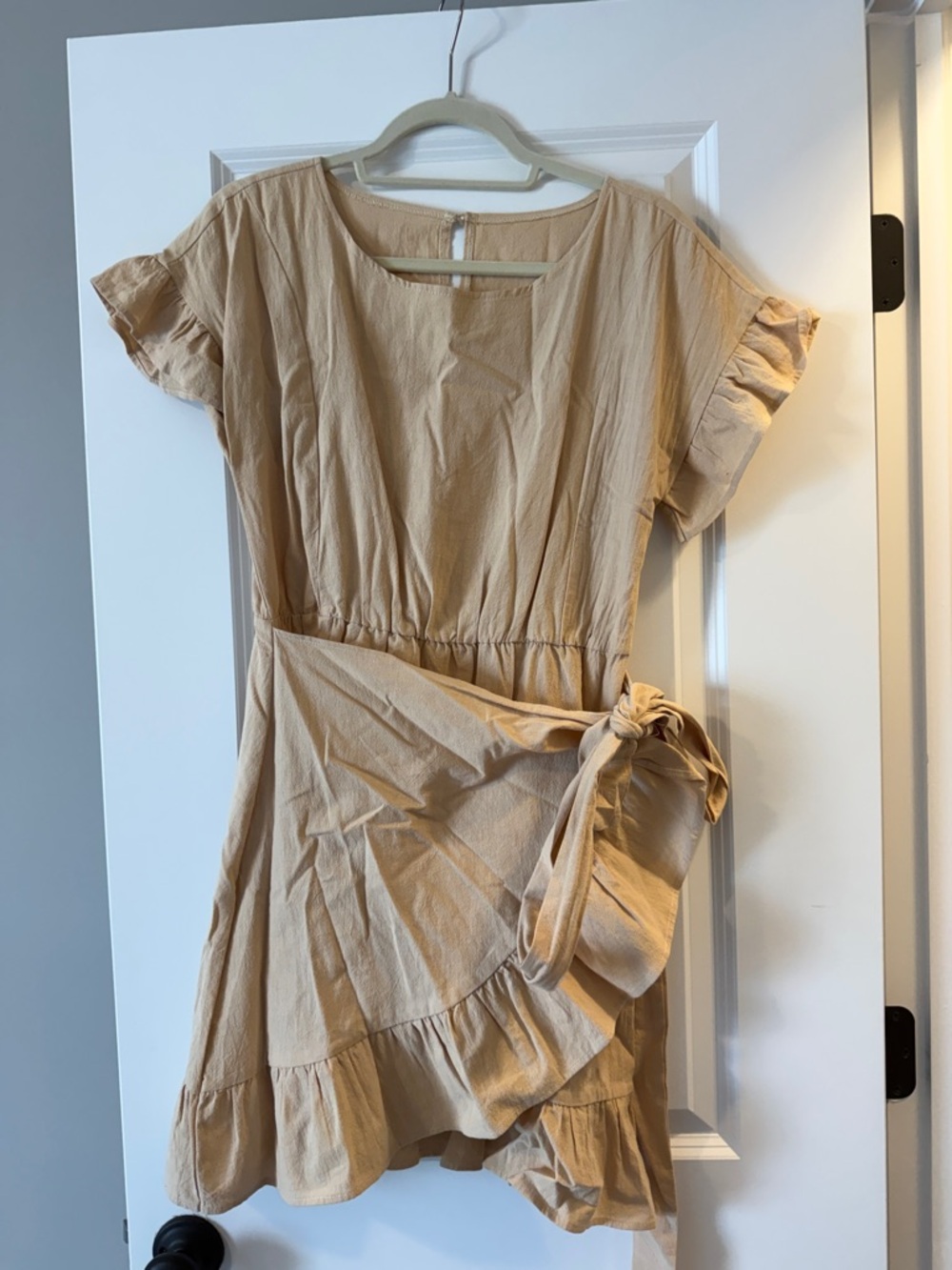 Beige Ruffle Wrap Dress with Tie Waist
